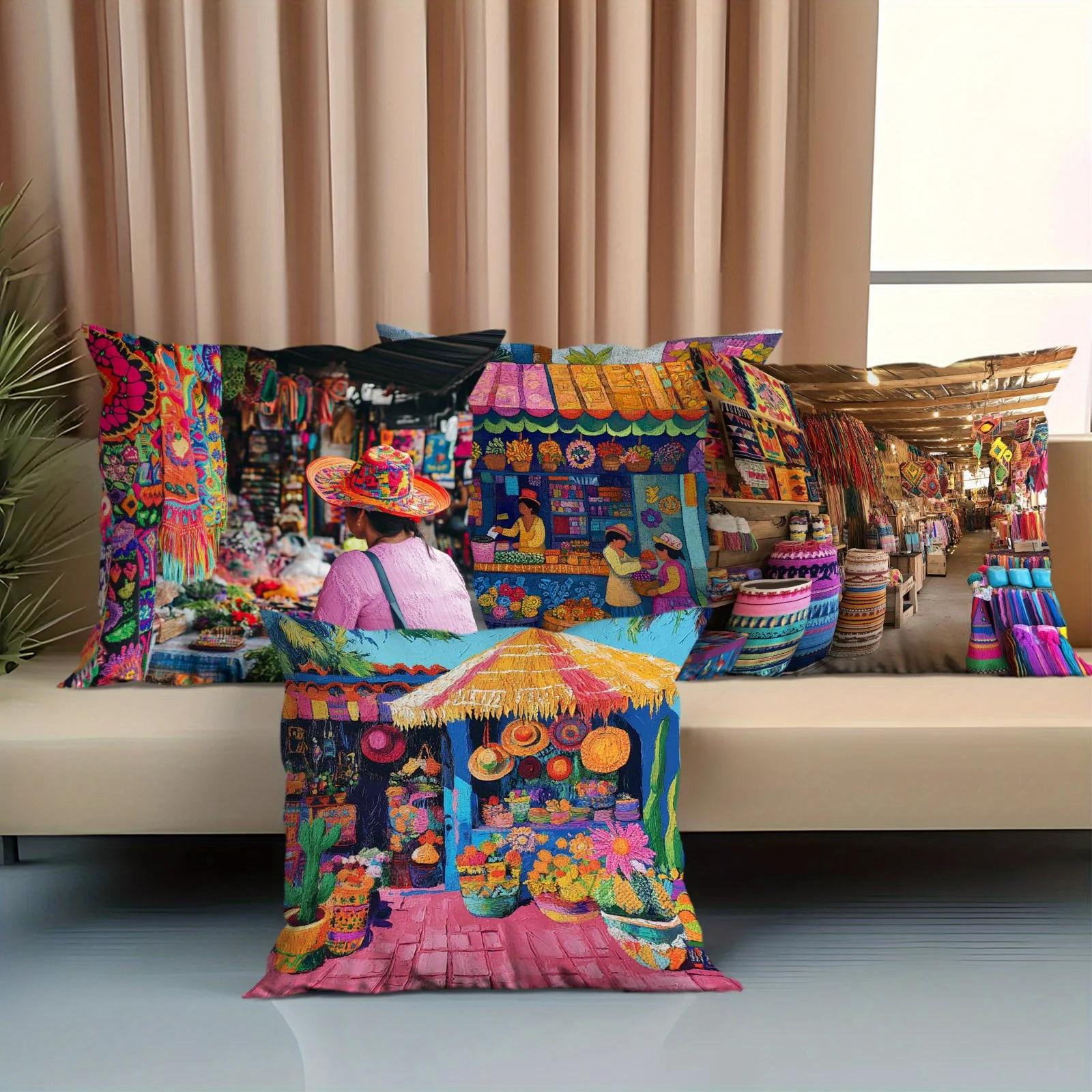 Vibrant Bohemian Market Print Pillow Set, 4 Piece Boho Festival Cushion Covers, Colorful Street Art Polyester Accent Home Decor
