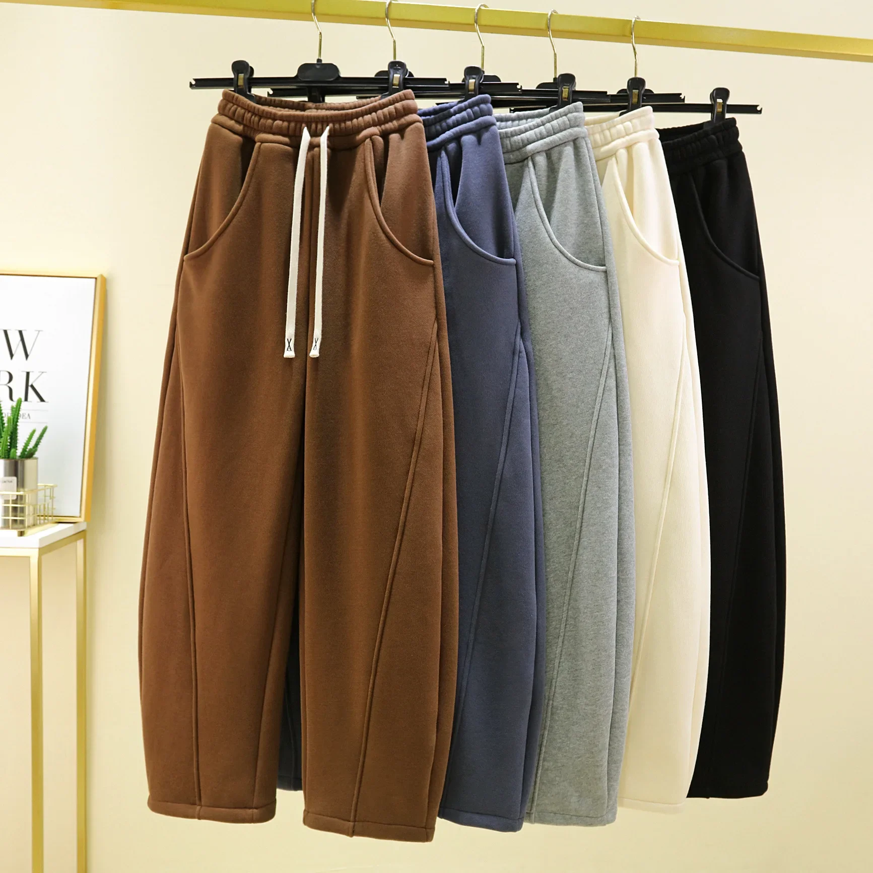 Women's Autumn/Winter Fleece-Lined Straight-Leg Pants Petite Casual Warm Bell Bottoms New Oxford Cotton Banana Pants