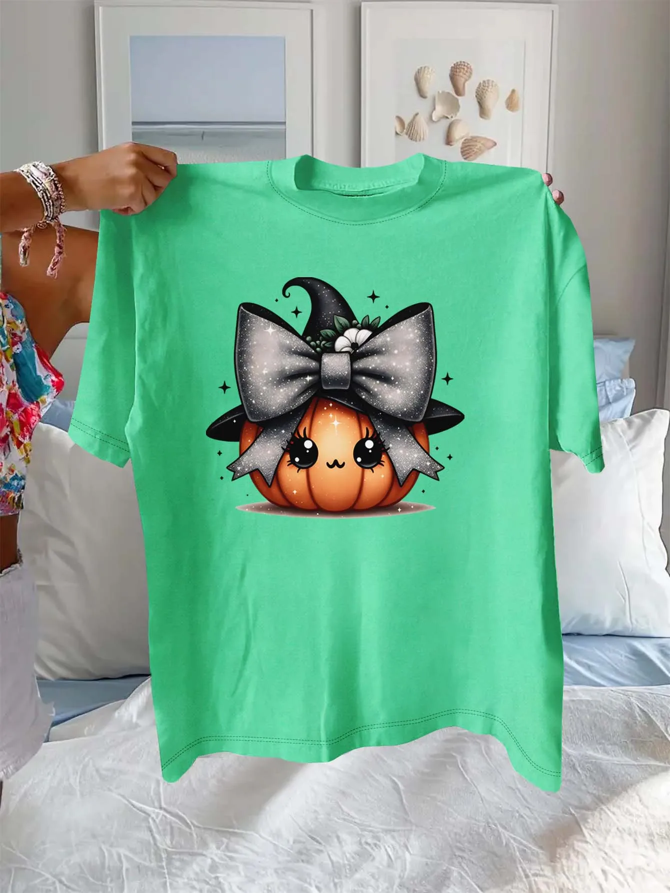 

Plus Size Cute Pumpkin Witch Hat Bow Sparkle Pattern Fashion Top