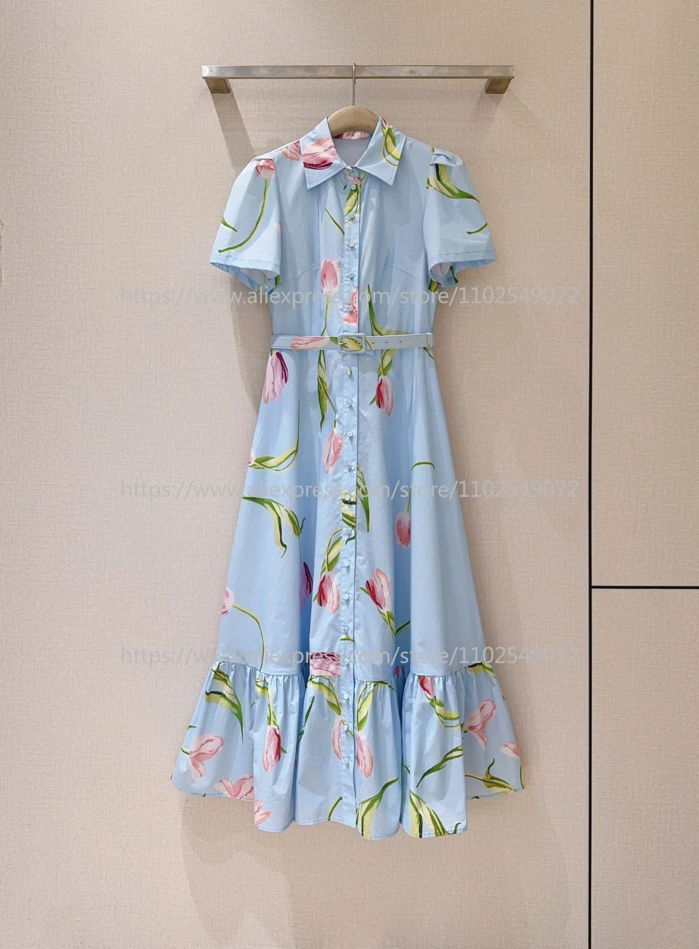 

Cotton Light Blue New 2026 Beach Style Short Sleeve Ruffles Women Midi Dress