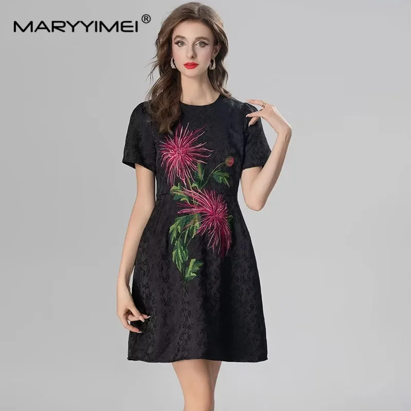 

MARYYIMEI Fashion Women's Dress Round neck Short-Sleeved High waist Embroidery Design Black Mini Dresses
