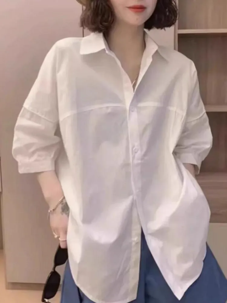 Ele Casual Biała Ochrona Przed Słońcem irt Damska Letnia Cienka Luźna Plus Size Wyszczuplająca Bluzka 7/8 irt