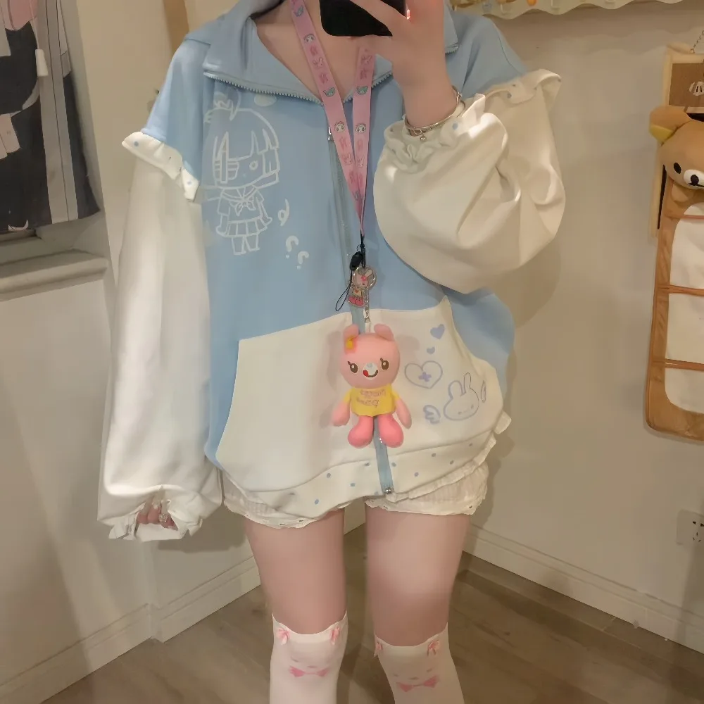 Autumn New Polka Dot Ears Cute Cartoon Print Color Block Zipper Hooded Jacket Women Loose Long Sleeve Coat Women