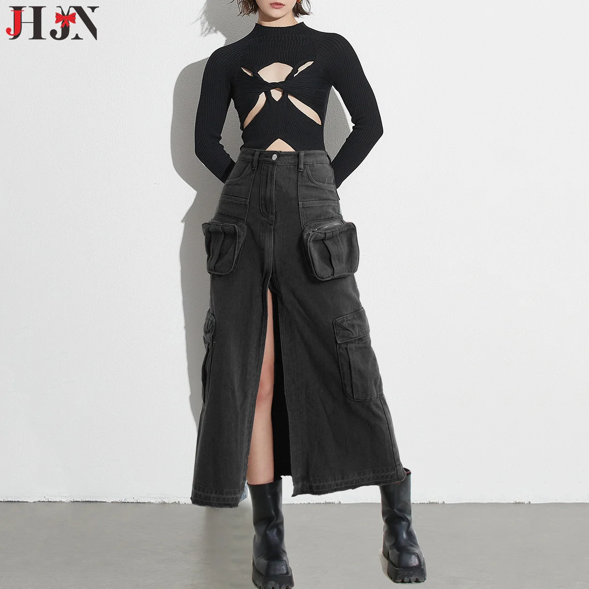 JHJN Washing American Vintage  Multiple Pockets Workwear Skirt Denim Skirt Hairy Fishtail Skirt Luxury Brand