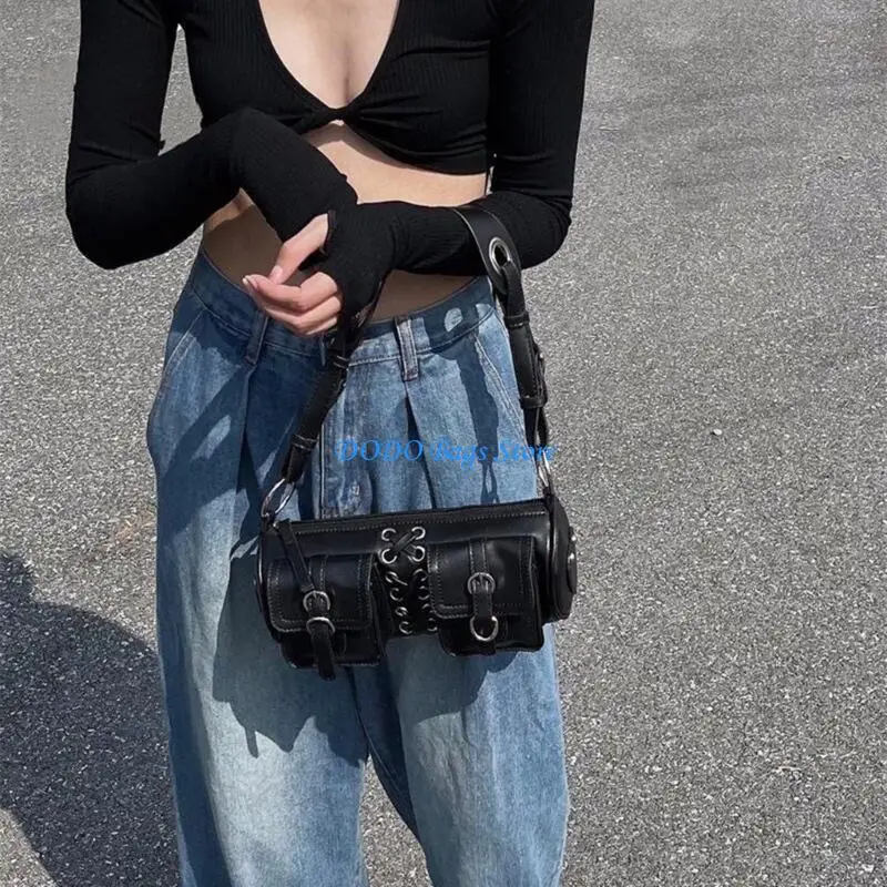 

E8FB Unique PU Leather Arm Bag With Practical Double Pockets Shoulder Bag for Women