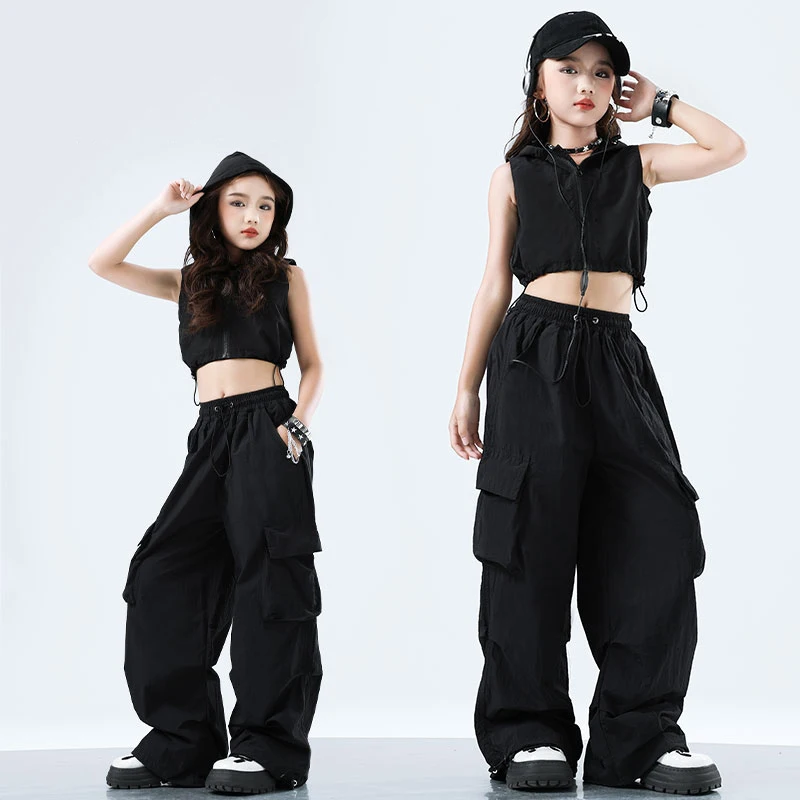 

Black Hip Hop Dance Clothes Girls Hooded Navel Tops Baggy Pants Summer Jazz Dance Practice Wear Cool Performance Costume BL16137