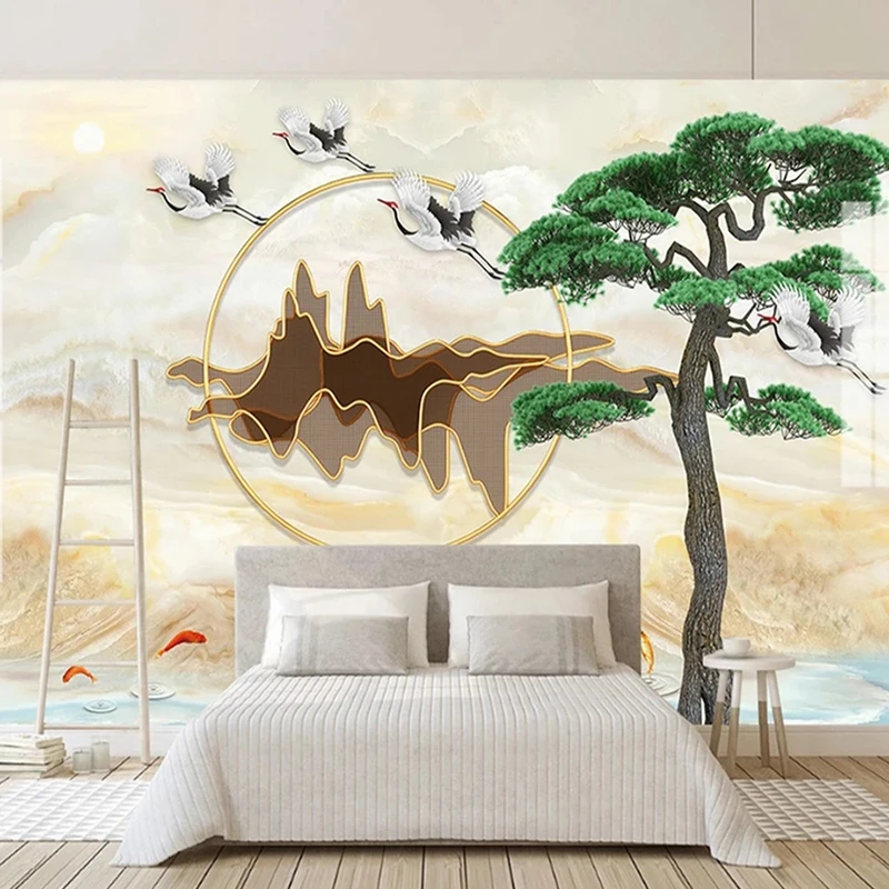 Custom Large Size Mural Paper Chinese Style Landscape Marble Pine Tree Crane Pattern Background Photo Wallpaper for Wall Art 3D