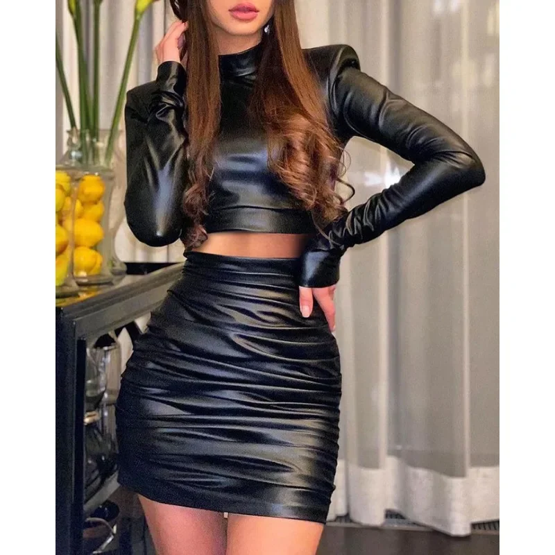 Two Piece Sets PU Skirts Outfits Turtleneck Sexy Short Top Sexy Dress Sets Women Long Sleeve Tops PU Pencil Skirts Skinny Skirts