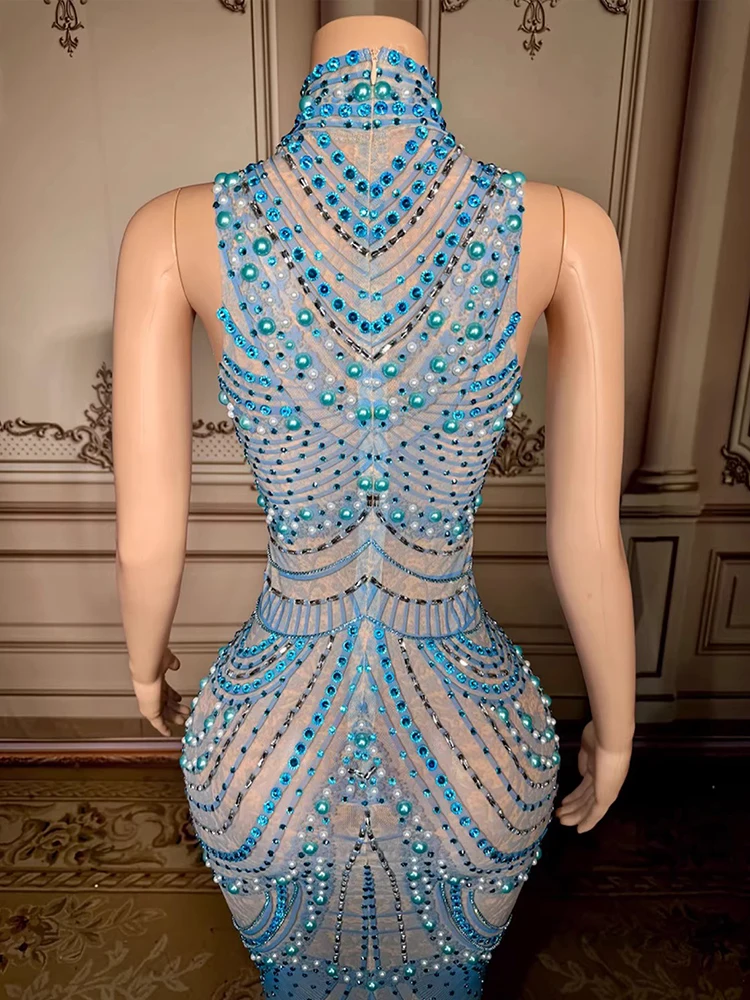 High Quality Rhinestone Blue Sexy Mesh Vest Dress 2025 New Fashion Custom Women'S Clothing