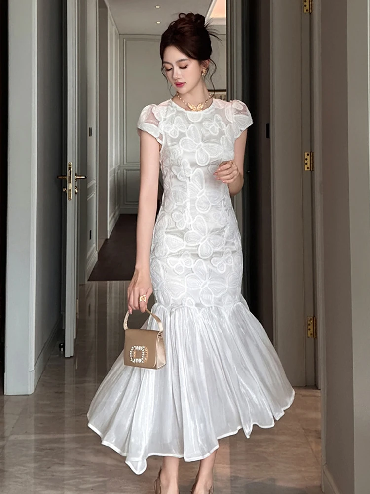 Roupas femininas noite renda branca bordado o pescoço fino fishtail vestido longo elegante senhora moda festa de aniversário robe novo