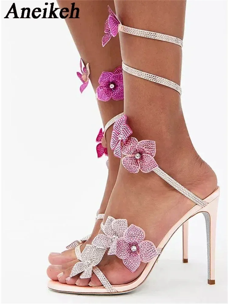 Aneikeh Sexy CRYSTAL Flower Narrow Band Ankle Strap Sandals Woman Thin High Heels Street Style  Pole Dancing Ladies Shoes