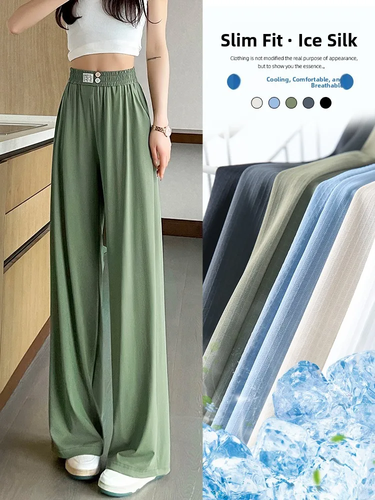 Pantaloni a gamba larga in seta di ghiaccio taglie forti Pantaloni estivi da donna vestibilità ampia a vita alta taglio dritto sensazione di freschezza Pantaloni sportivi Qui Dry