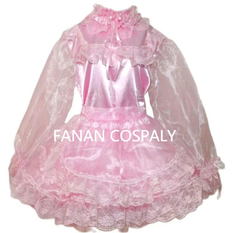 Multicolor Adult Giant Baby Sexy Girl Pink Thin Silk Sissy Organza Long Sleeve Dress Japanese Maid Role Playing Customization