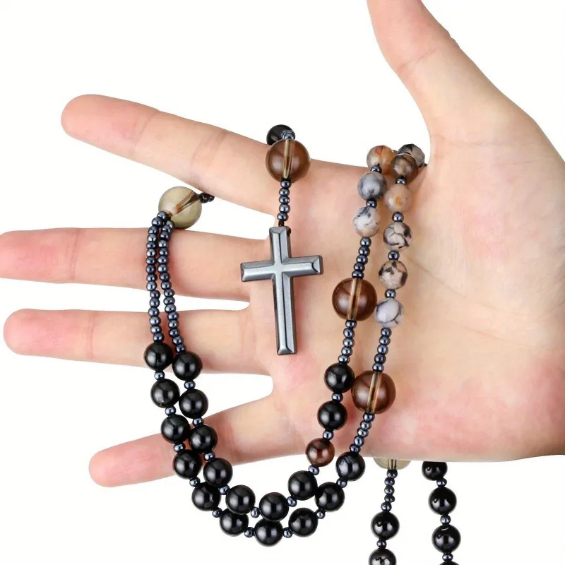 Catholic Black Dragon Agate Smoky Crystal Rosary Beads Necklace Hematite Cross Pendant Necklace Prayer Meditation Jewelry