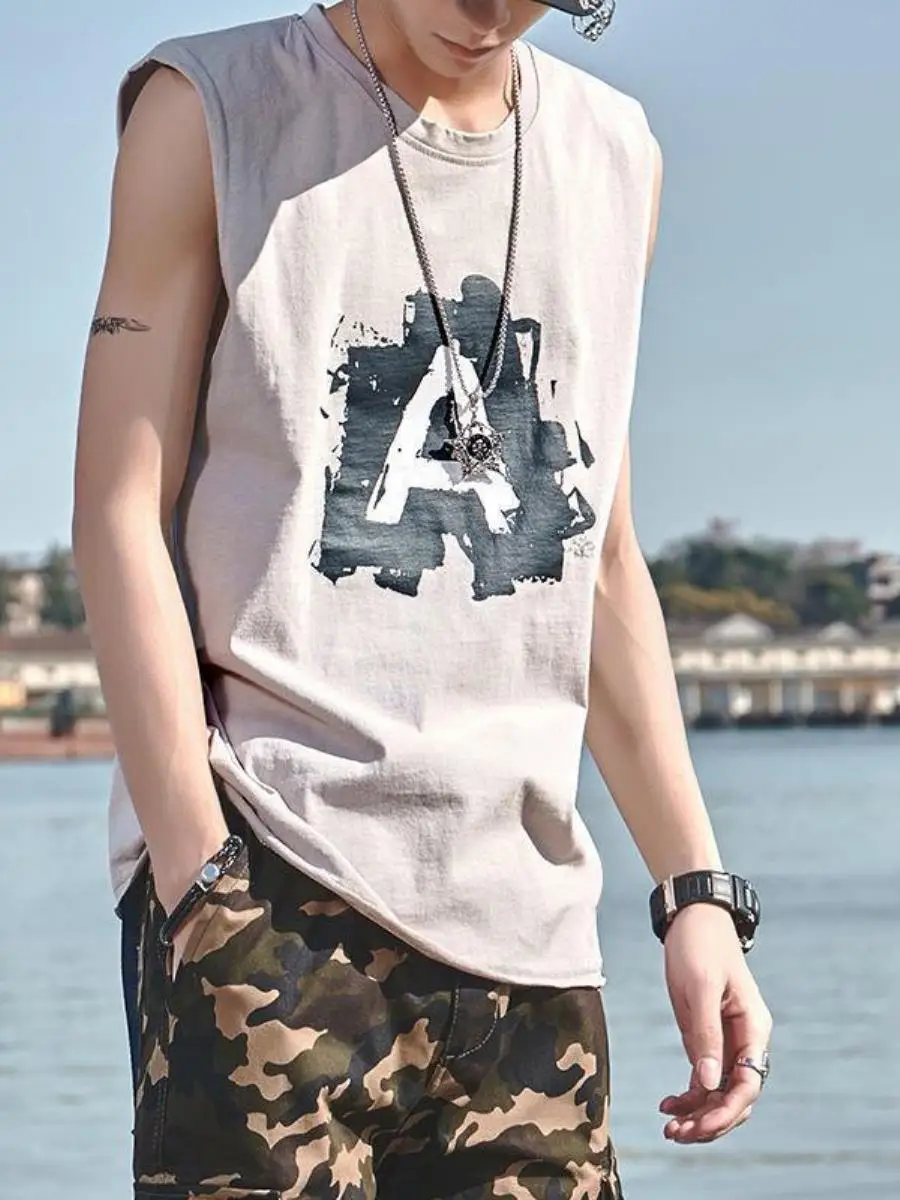 メンズルーズフィット吸汗速乾タンクトップノースリーブtシャツ上下セットサマースポーツウェアホワイトカジュアル快適服