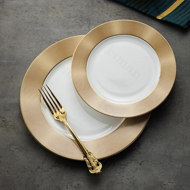 Light Luxury Gold Stroke Ceramic Plates European Style Bone China Steak Dinner Plate Salad Dishes Western Cutlery Tableware Set