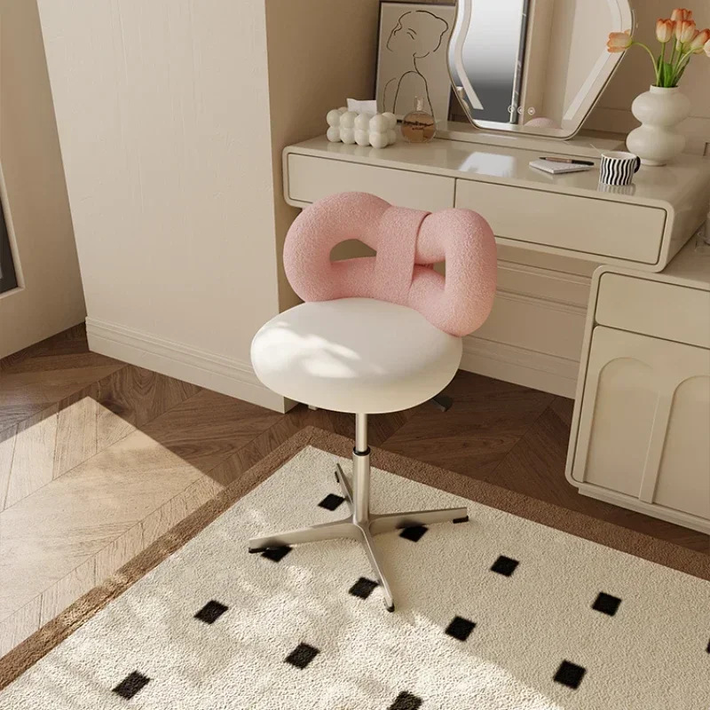 Adjustable Wool/Sheepskin Makeup Chair Rotatable Dressing Stool Easy-to-Clean Bow Tie Design Sag-Proof Computer Seat