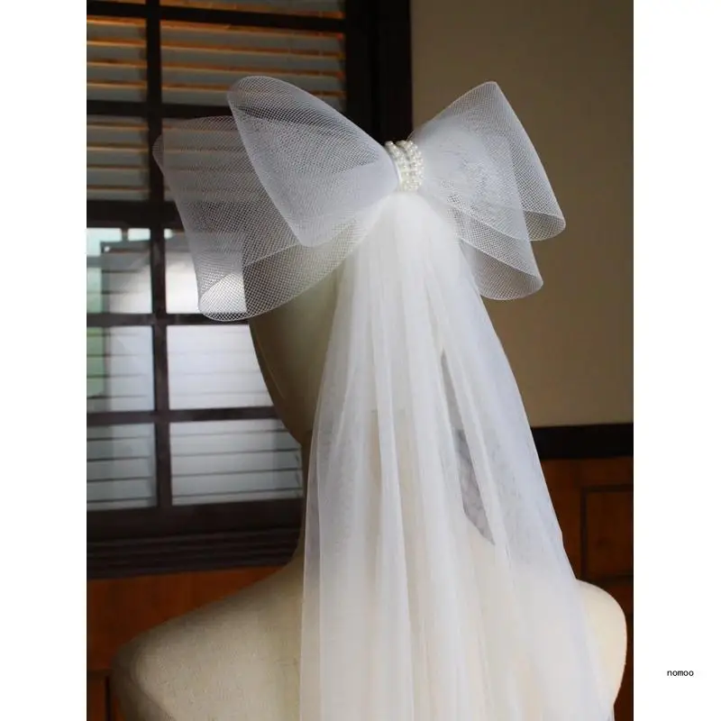 Wedding Bridal Veil Big Bow Decor White Short Sheer Veils 2 Tiers