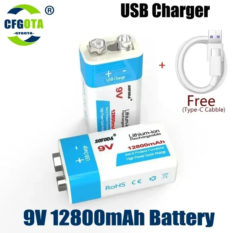 New 9V Rechargeable Battery 12800mAh 6F22 Micro USB 9v Li-ion Lithium Batteries for Multimeter Microphone Toy Remote Control KTV