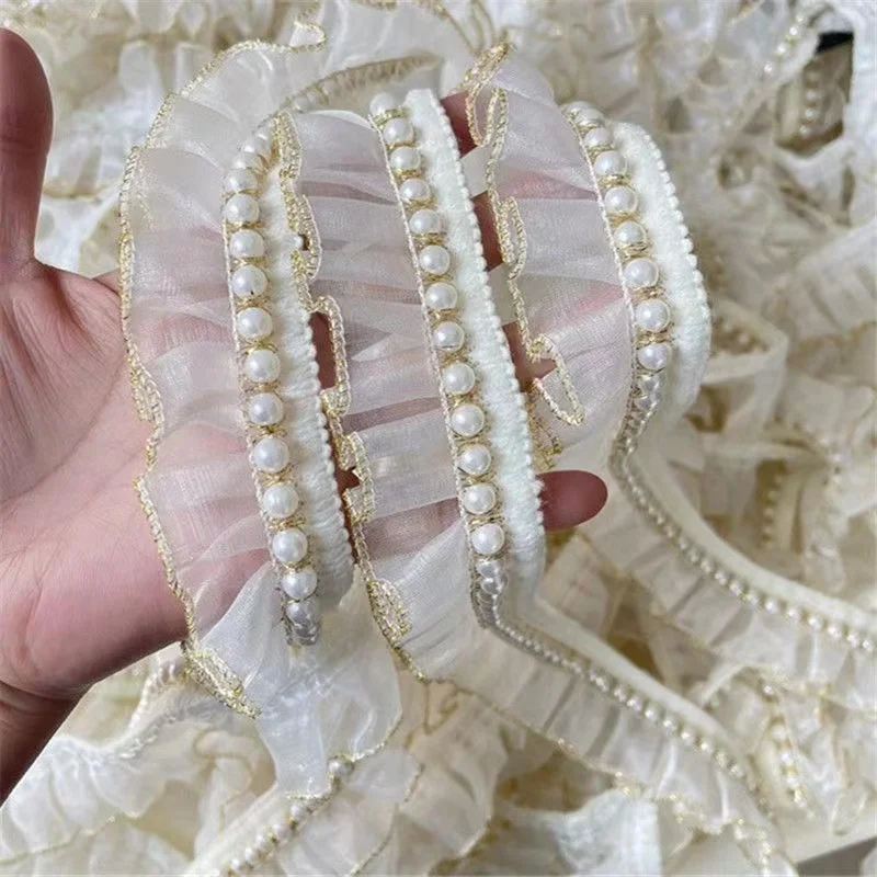 4CM Wide Luxury Pleated Chiffon Glitter Beaded Fringed Ruffle Lace Fabric Collar Trim Wedding Dress Guipure DIY Sewing Decor