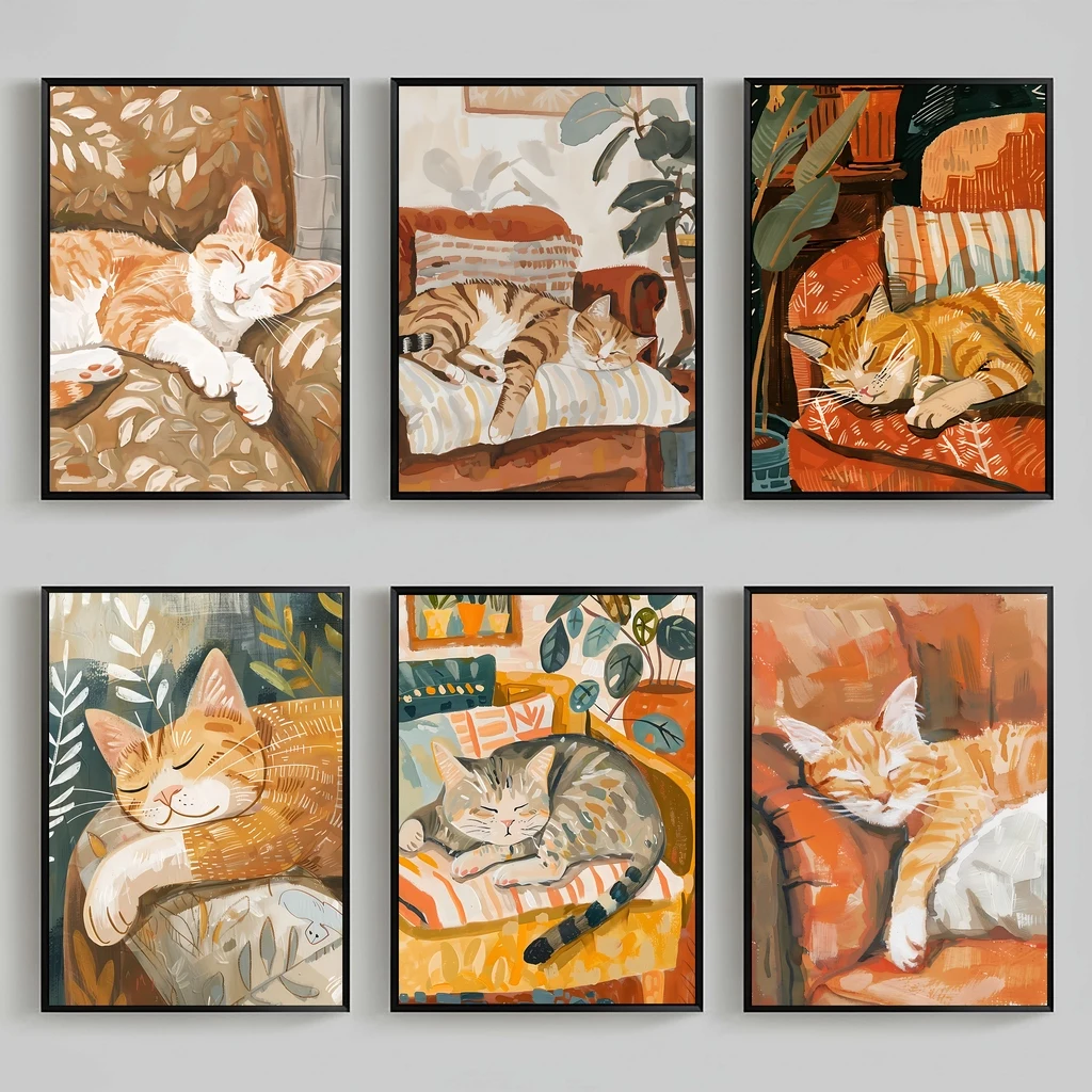 Nordic Wall Art Cute Cat Sleeping Gouache Vintage Canvas Painting Nordic Style Poster Prints Bedroom Living Room Wall Decor