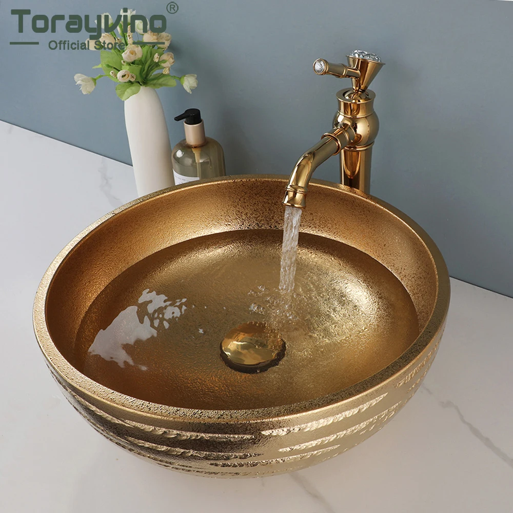 

Torayvino Gold Round Bathroom Ceramic Lavatory Set Bath Mixer Washbasin Vessel Sink 360 Swivel Faucets W/ Pop-up Drain Combo Kit