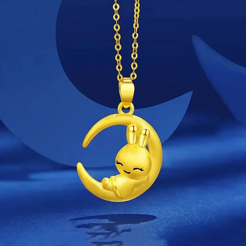 24K Yellow Gold Moon Rabbit Star Rabbit Necklace, 9999 Real Gold White Rabbit Pendant Temperament Light Luxury Elegant Necklace