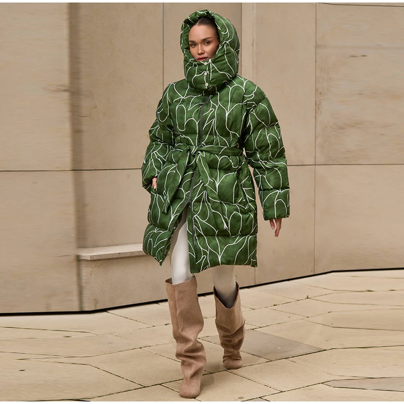 Leopard Print Hooded Puffer Women's Winter Coat Belted Waist Midi Length Padded Jackets for Woman Jacket Warm Streetwear