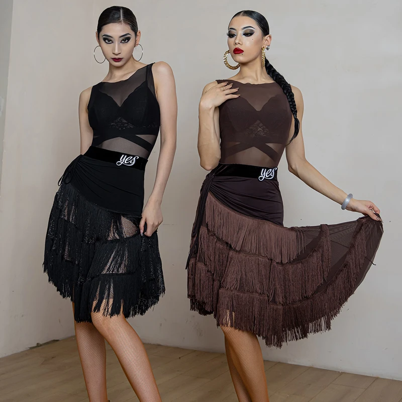 2023 Sexy Latin Dance Clothing Sleevelss Mesh Top Fringed Skirts Women Latin Dance Costumes Stage Performance Wear DWY9564