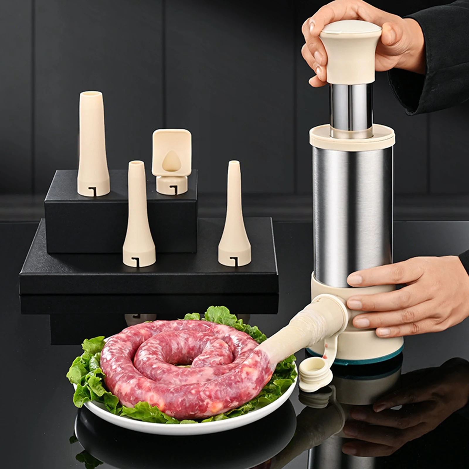 Sausage Stuffer Machine 2.5lbs Homemade with 4 Nozzles Kitchen Accessories Effective Sausage Filling Tools Meat Filler Stuffer
