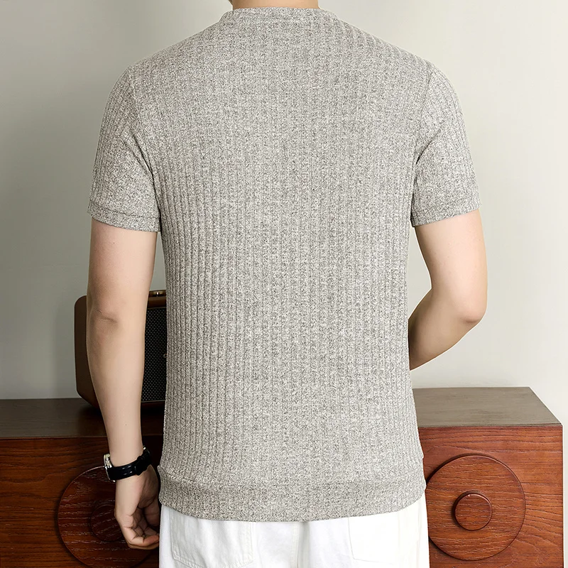 Herren Henley-Kragen Vertikal Geripptes Kurzarm-Strick-T-Shirt Lässige Oberteile Dehnbar Atmungsaktiv Knitterfrei Sommerkleidung – Detail 12