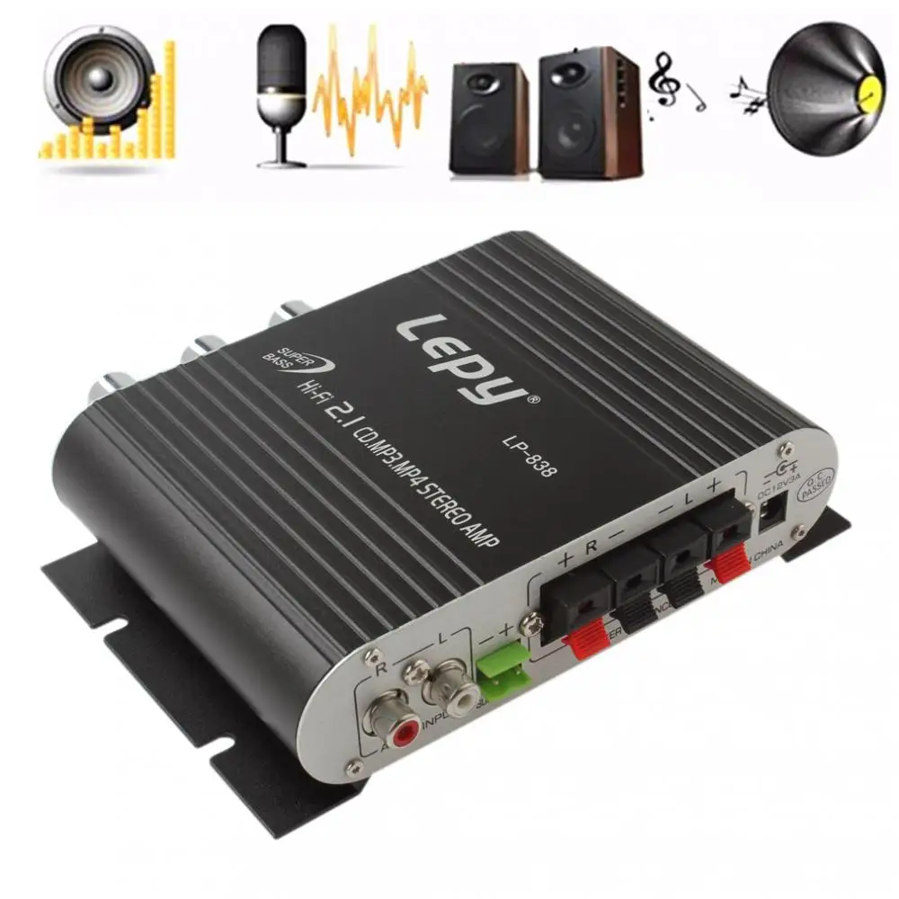 

Hot LP-838 Power Car Amplifier Hi-Fi 2.1 MP3 Radio Audio Stereo Bass Speaker Booster Player for Motorbike Home No Power Plug