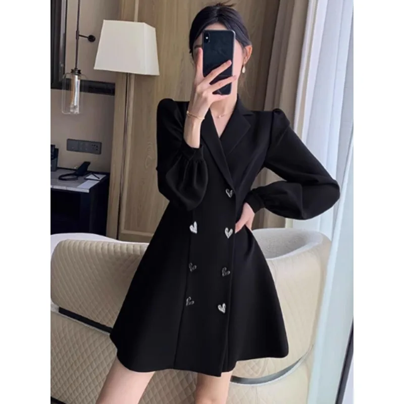 Insozkdg einfarbig adrette Stil schick Knopf lässig weibliche Kleider Herbst neue schwarze zweireihige lose Mode Damen kleid