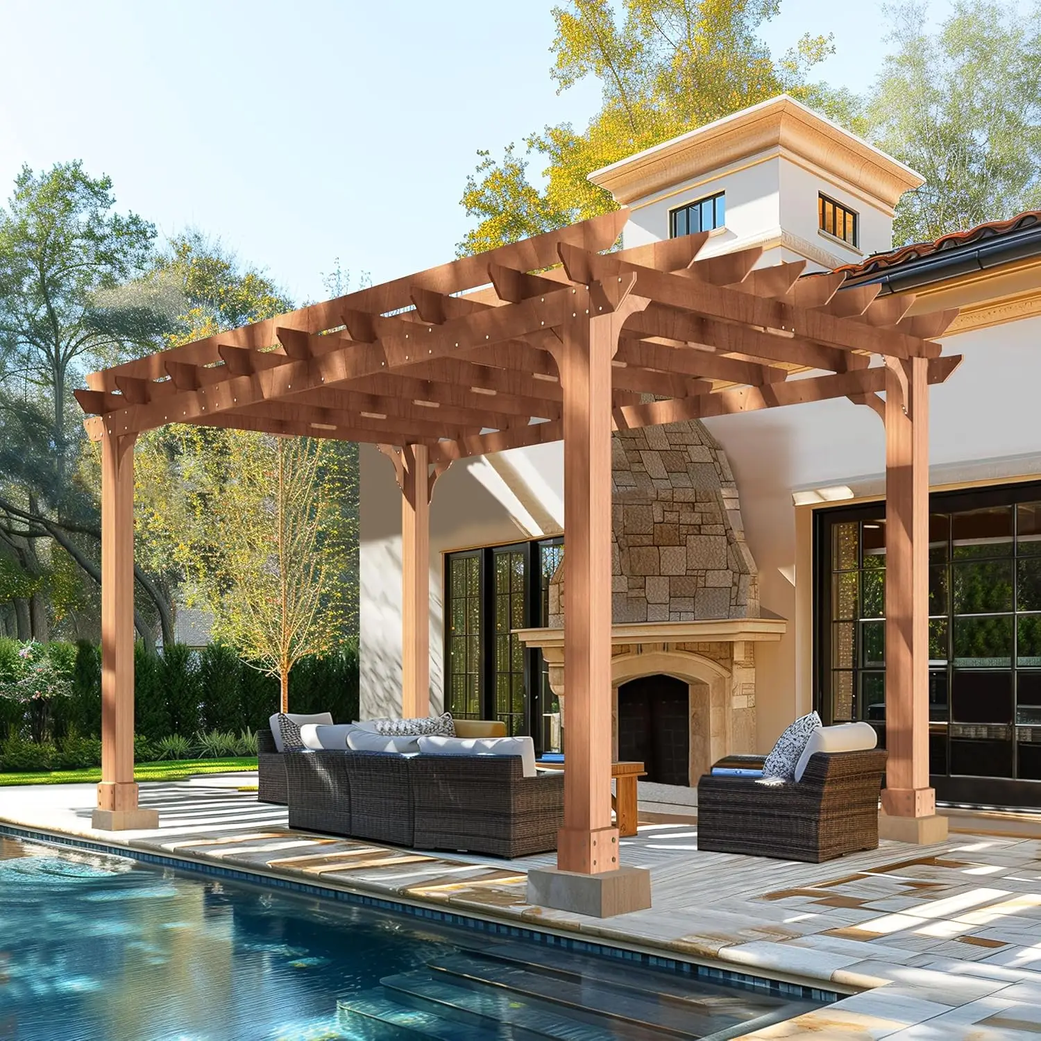 12’ X 14’Outdoor Pergola with Solid Structure, Cedar Pergolas and Gazebos with Flat Top for Deck Yard Grill Party Garden