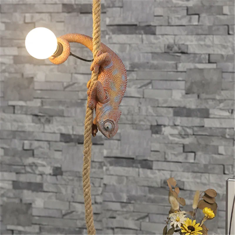 Animal Chandelier Resin White Color Chameleon Pendant Lamp for Living Room Hemp Rope Lamp Study Coffee Retro Pendant Light