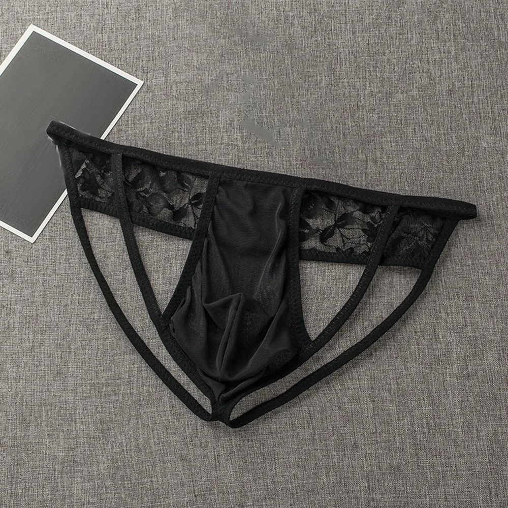 Men's See Through Mesh Bikini Briefs Low Rise Bulge Pouch Lace G-strings Thongs Underwear Sexy Open Back Man Panties