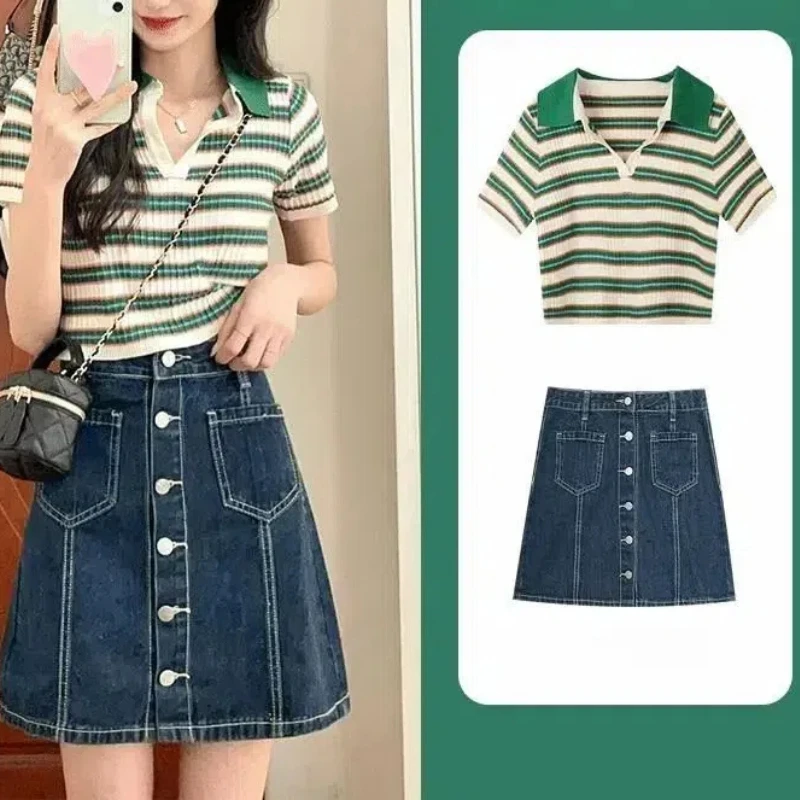 Coordinates Female Preppy Hottie Striped Knitted Short Sleeve Shirt Design Sense Women Denim Skirtsoffice Lady All-match