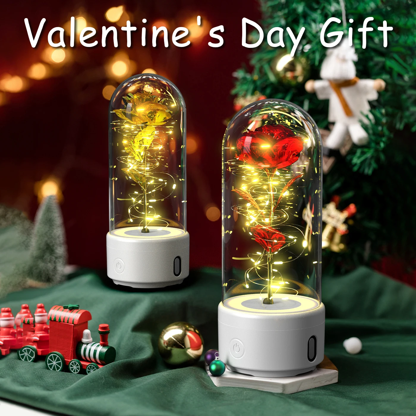 Creative 2 In 1 Rose Flowers LED Light And Bluetooth Speaker Valentine's Day Gift Rose Luminous Night Light Ornament In Glass Co