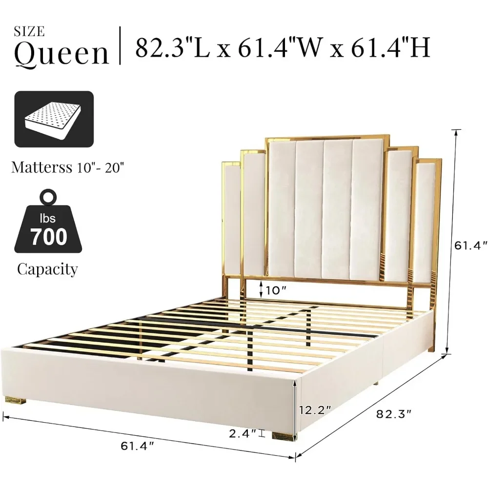 Grand cadre de lit à plateforme, lit rembourré en velours de 61.4 "avec garniture dorée, tête de lit, lattes en bois, aucun sommier requis