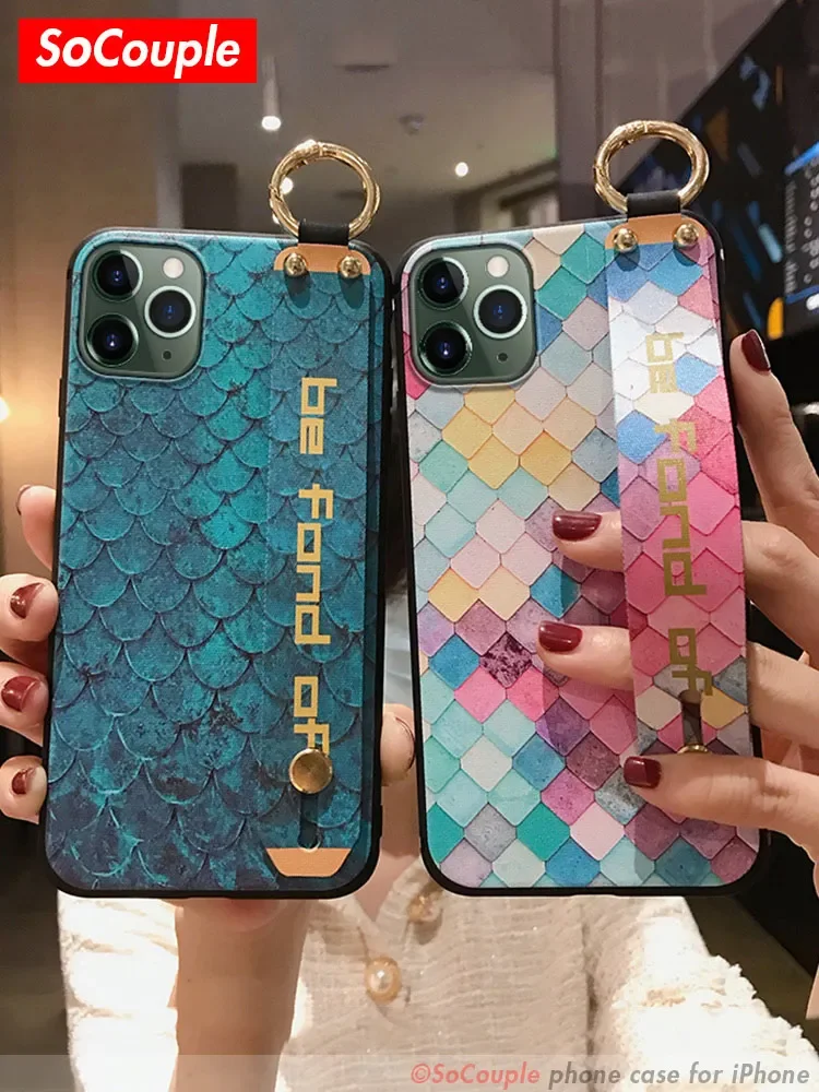 SoCouple For iPhone 11 Case Phone Holder Case for iPhone 14 15 13 12 pro max X Xs max XR 7 8 Plus Flower TPU Wrist Strap Cover