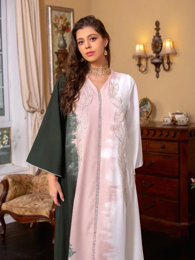 Eid Muslim Morocco Dress for Women Abaya Jalabiya Diamond V Neck Party Dresses Dubai Abayas Kaftan Islam Vestidos Arab Robe 2023