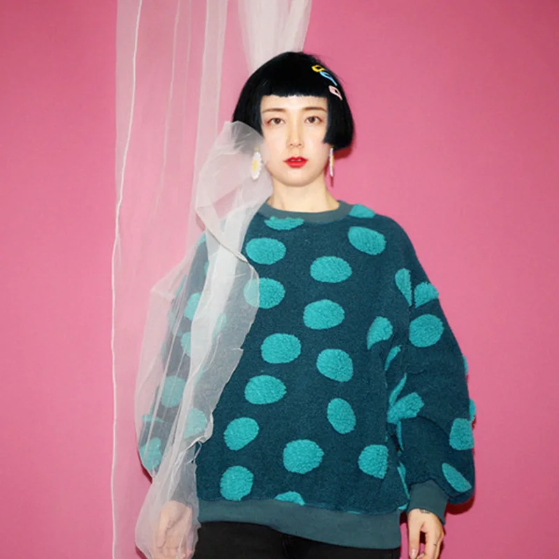 

Mr. Farmer 208 Retro Autumn Winter Thiened Long Sve Polka Dot Sweatirt Coat Woolen Warm Fce Casual Street Sle Wo...