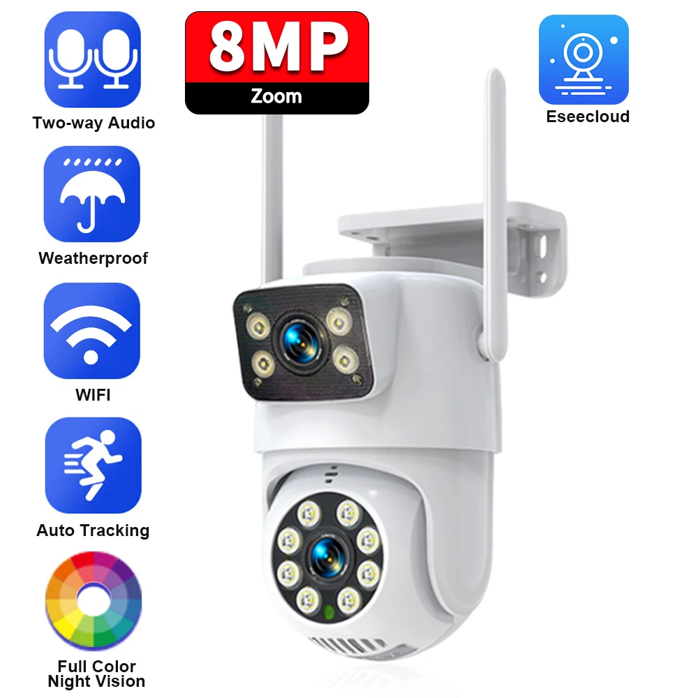 Outdoor 4K Dual Lens Wifi PTZ IP Security Camera  Auto Tracking 8MP Color Night Vision Wireless CCTV Video Surveillance Camera