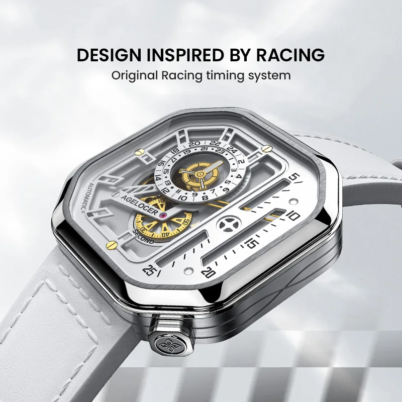 AGELOCER Original Racing Watch Women\'s Square Luxurious Hollow Big Dial Automatic Mechanical Watch Birthday Gift for Women