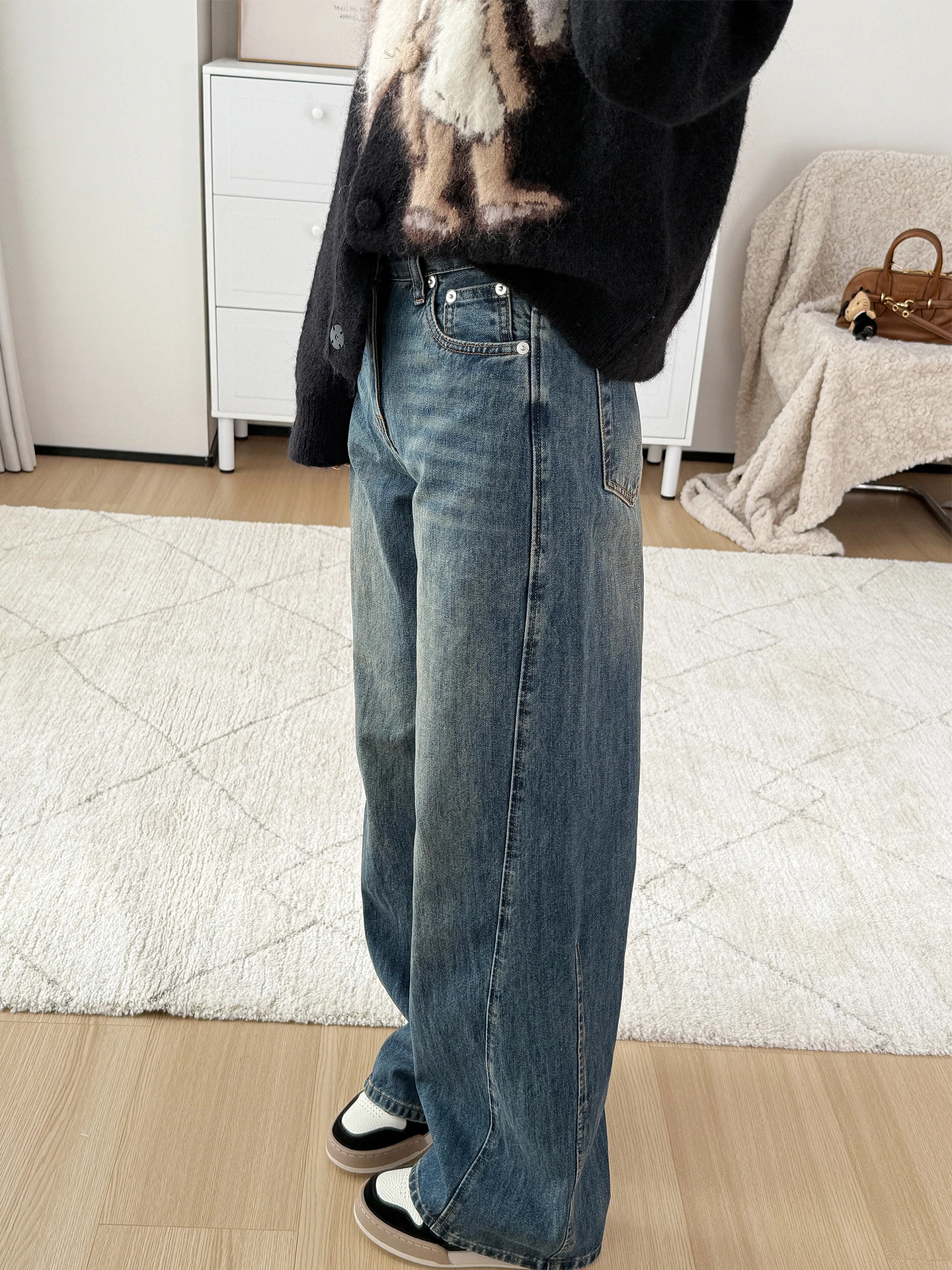 

Женские джинсы с высокой талией, широкими штанинами, темно-синие, свободного кроя, прямые, в пол, 3D-пошив, повседневные, из хлопка