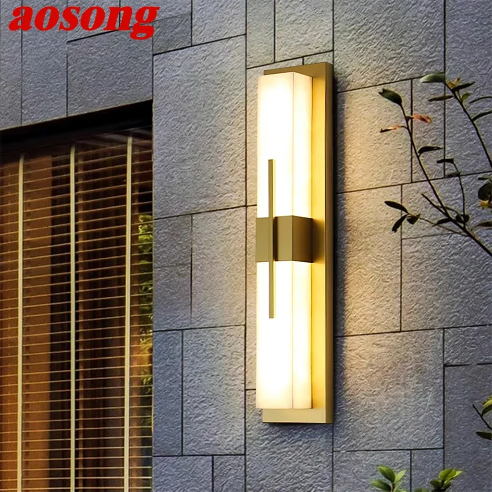 

AOSONG Contemporary LED Brass Marble Outdoor Wall Lamps Electric Waterproof Balcony Hallway Courtyard Villa Gate Hotel