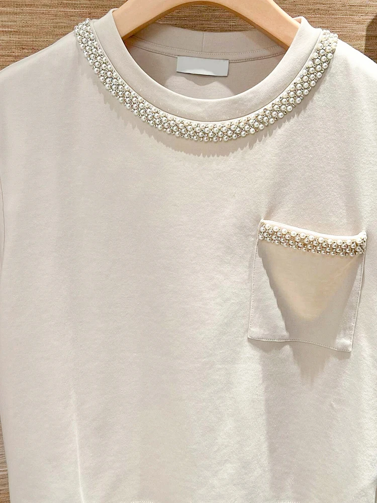 White Diamond Embellied Bead T-irt Women's Summer Faion Commute Sle Loose Fit ort Sve round Ne Pure Color