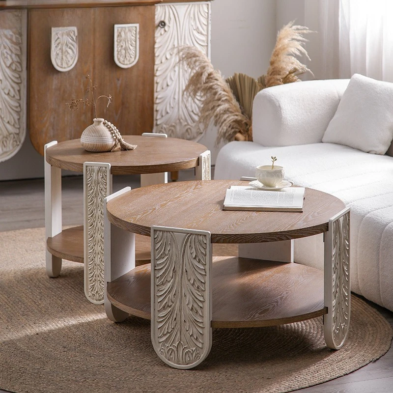 Solid wood carved flower tea table, small homestay living room tea table, palace style vintage balcony side table