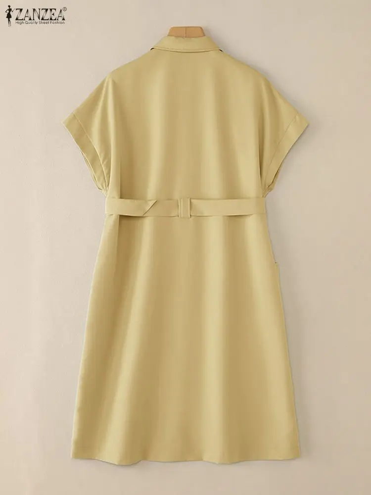 여성 캐주얼 반소매 벨트 셔츠 드레스 턴다운 칼라 버튼 업 패치워크 무릎 길이 드레스 ZANZEA 작업복 S-3XL