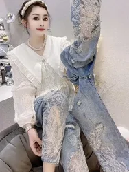 Summer Pants for Woman and Capris Straight Leg Rhinestones Transparent Women's Jeans Lace Grunge Y2k Spring Pants